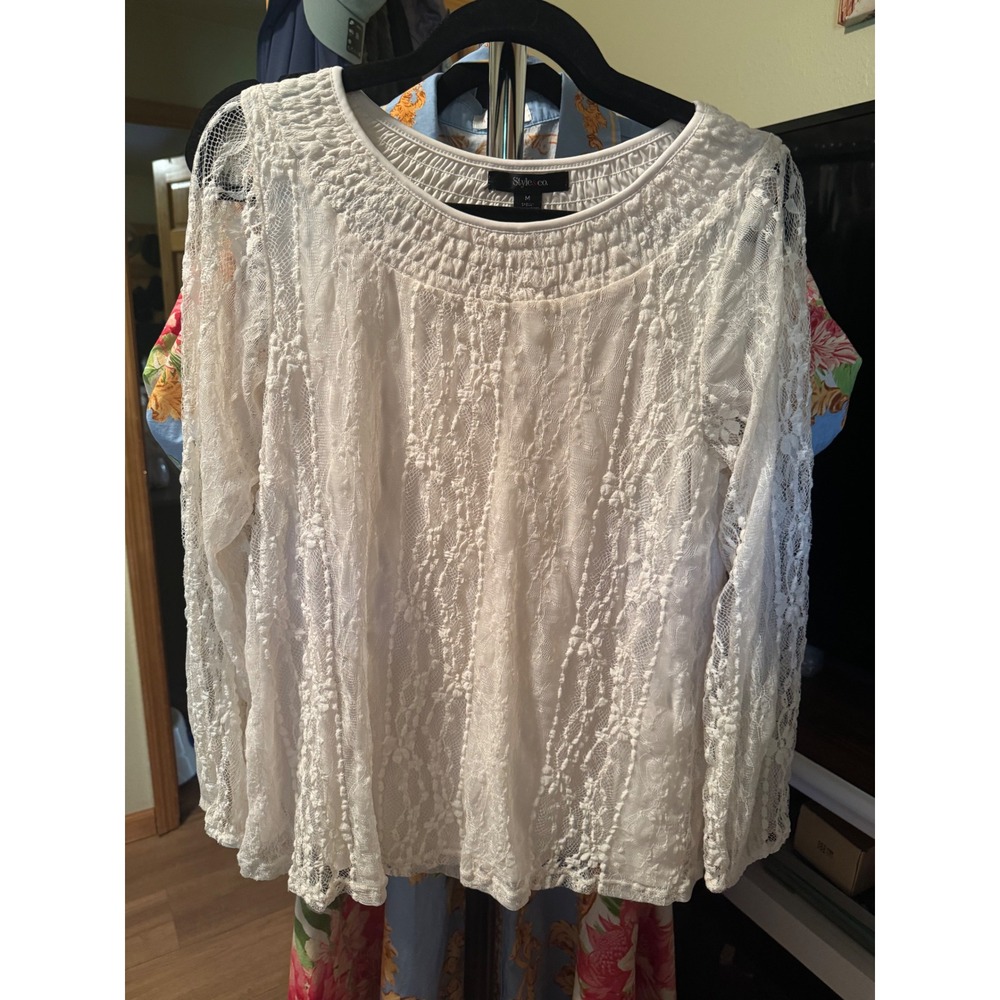 Style & Co White Lace Long Sleeve Smocked Neck Blouse Top Medium